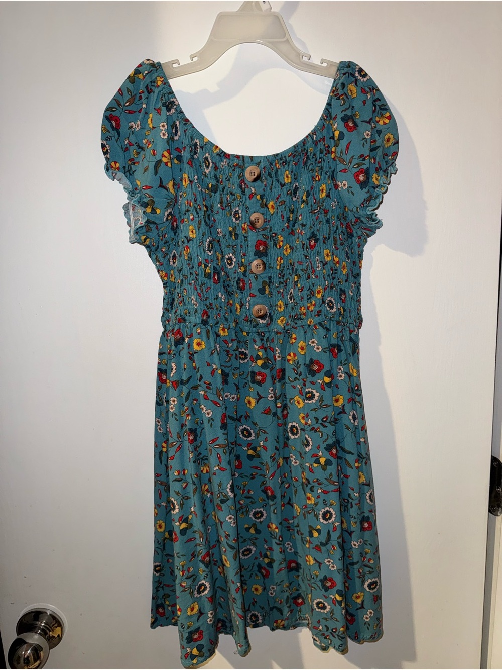 Zunie Teal Floral Smocked Midi Dress with Buttons